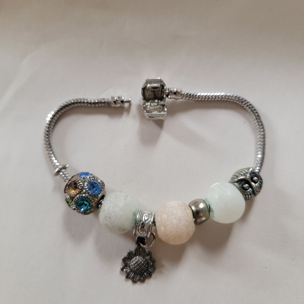 Silver Charm Bracelet Glass In Silver And Stone Beads